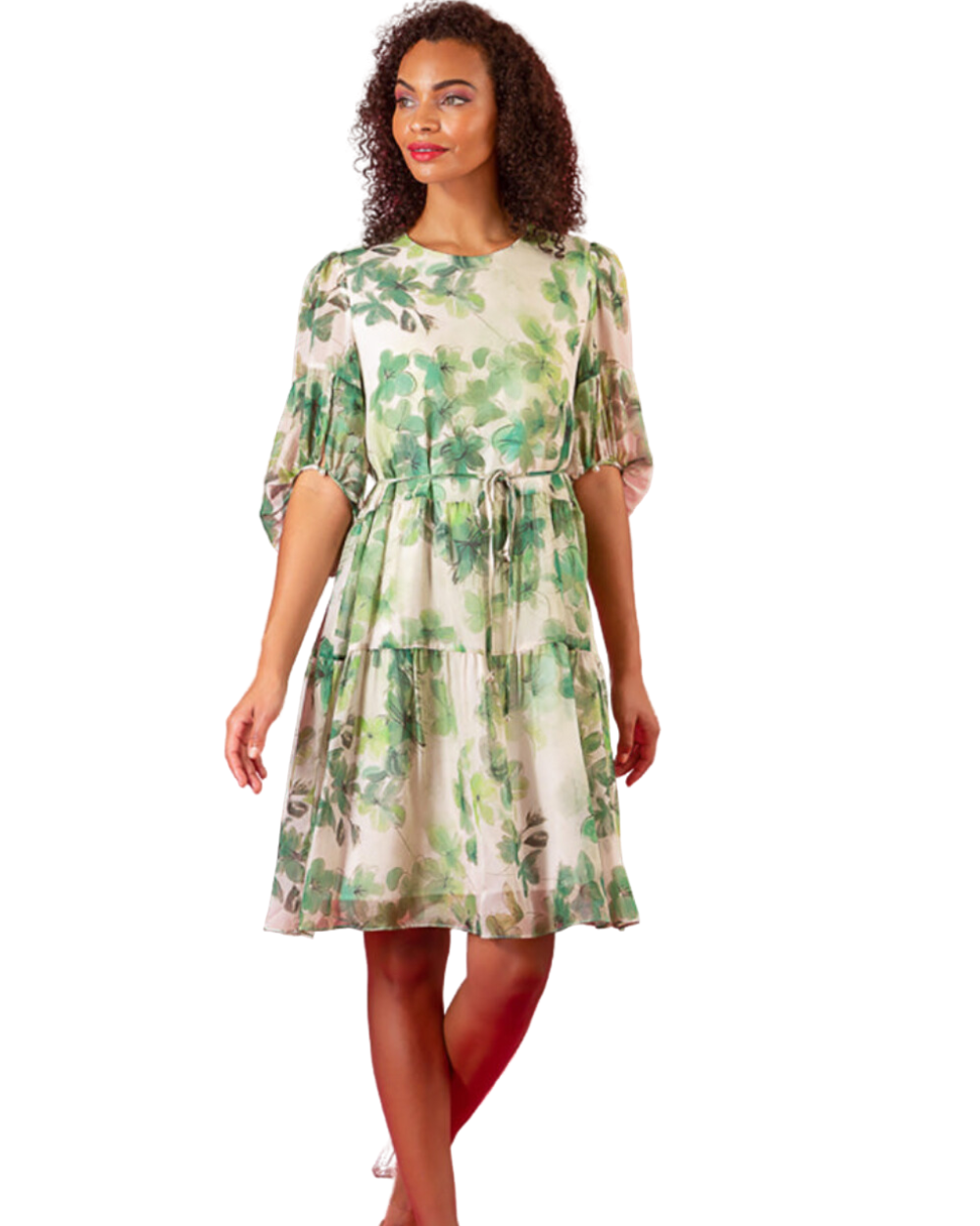 Green floral cheap chiffon dress