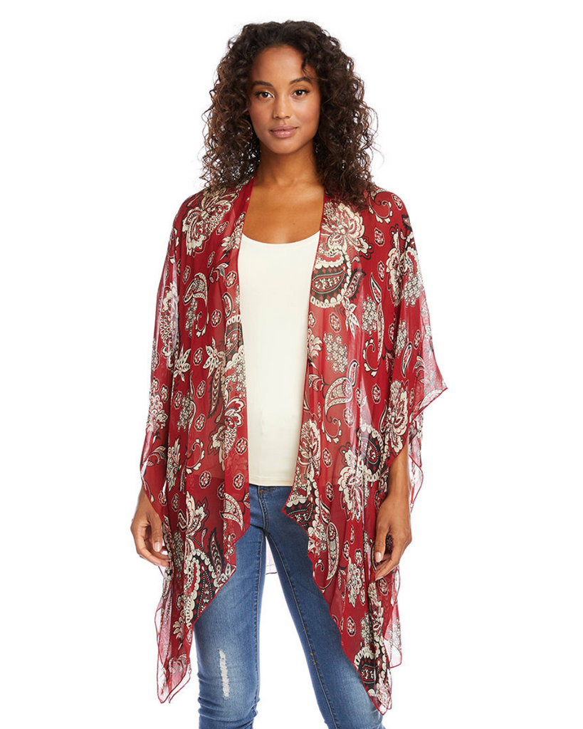 Red Paisley Open Front Kimono-Made in USA