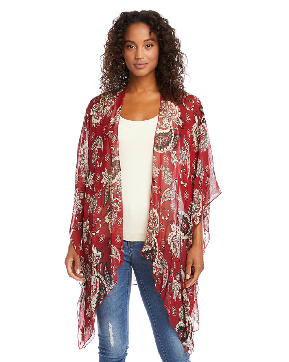 Red Paisley Open Front Kimono-Made in USA-50% OFF